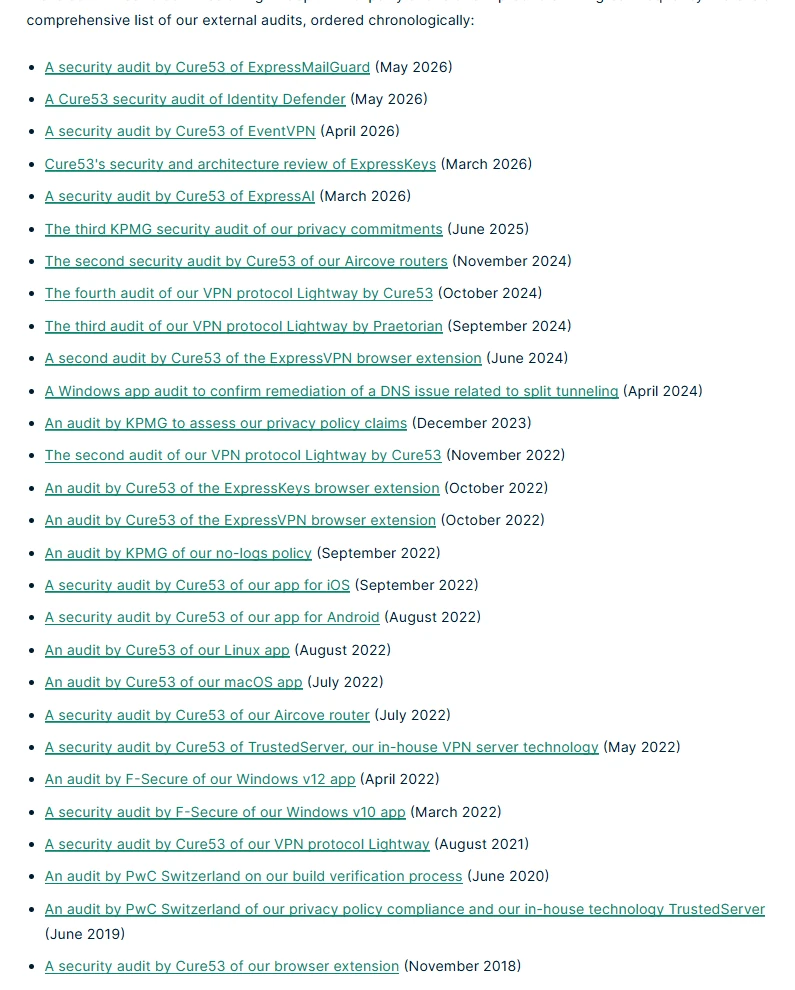 ExpressVPN trust center listing 28 independent security audits from 2018 to 2026