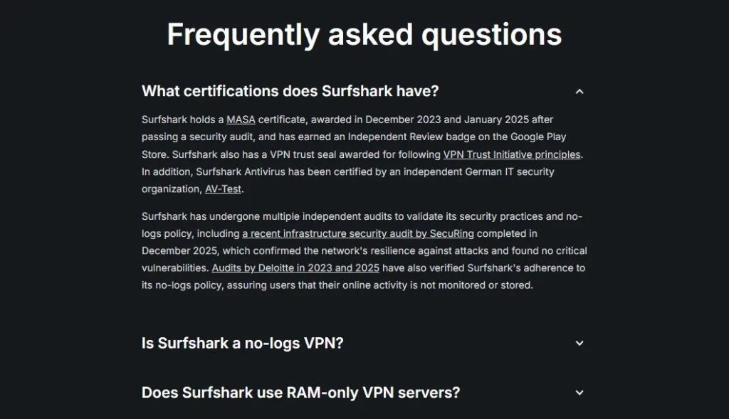 Surfshark trust center page listing its independent audits by year
