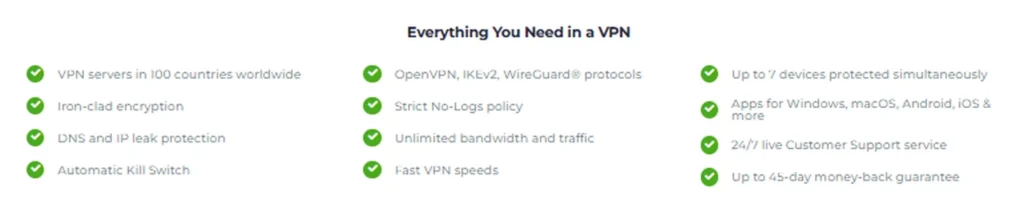 CyberGhost feature list showing servers in 100 countries and up to 7 devices