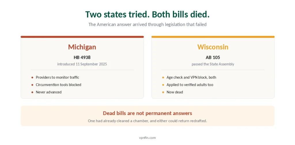 The Michigan and Wisconsin bills that would have restricted VPN use, and how far each got