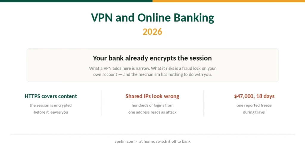 VPN and online banking 2026 showing what HTTPS already covers and what a VPN risks