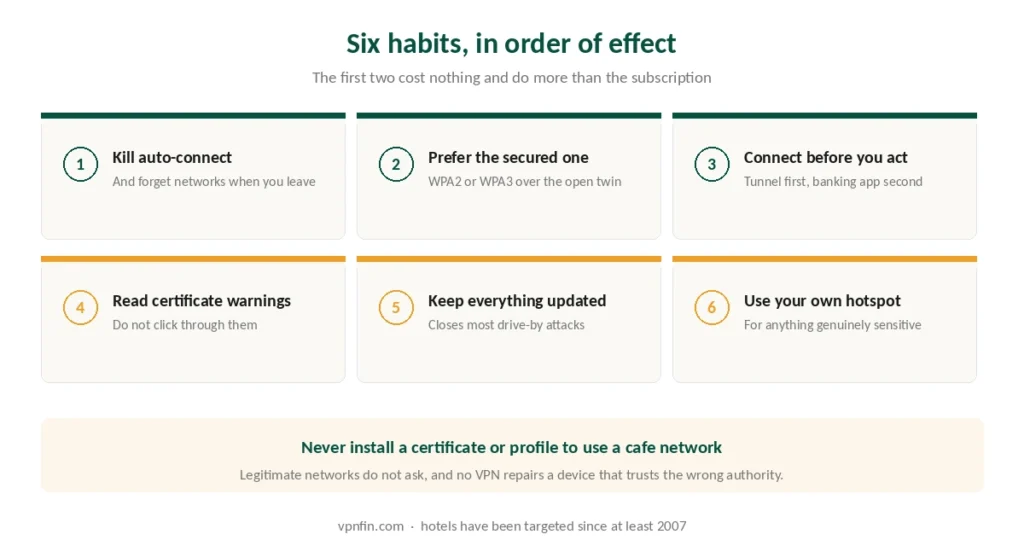 Six habits for using public Wi-Fi safely, in order of effect