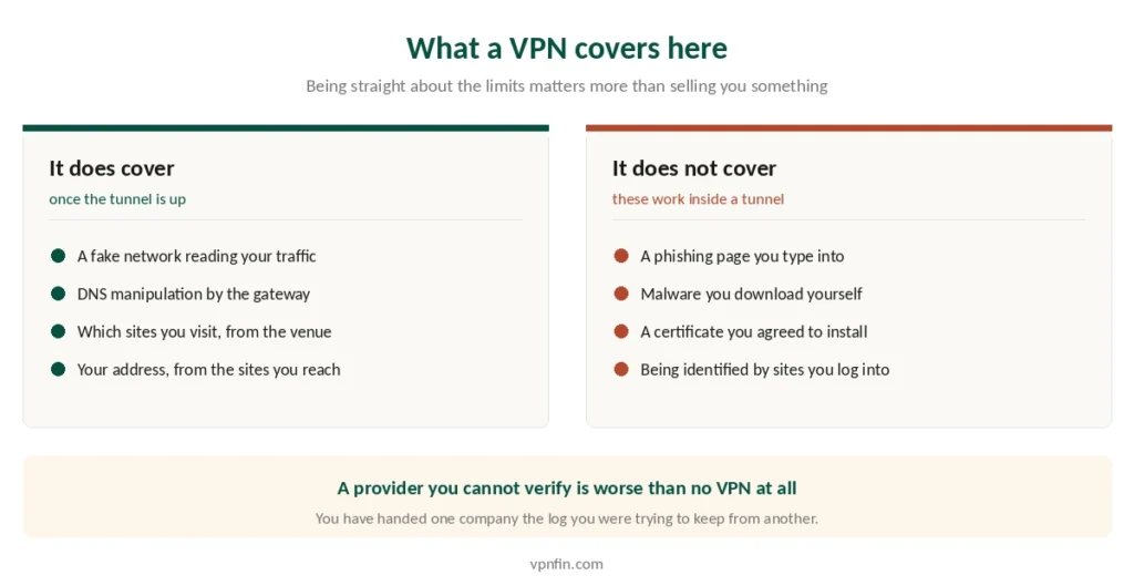 What a VPN covers on public Wi-Fi and what it does not