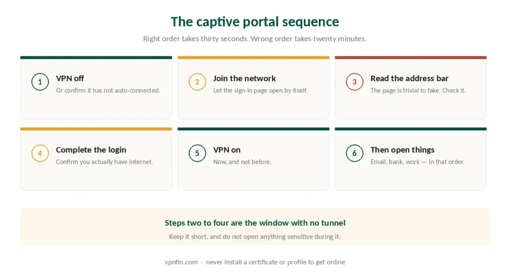 Six steps for connecting through a hotel captive portal in the right order