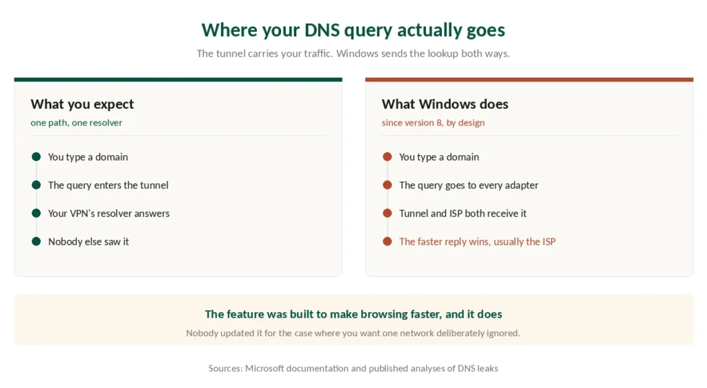 How a DNS query travels on Windows compared with what a VPN user expects
