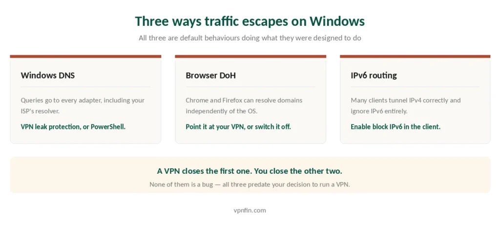 Three ways traffic escapes a VPN on Windows and what closes each one