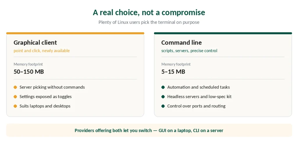 Graphical versus command-line VPN clients on Linux — memory use and what each suits