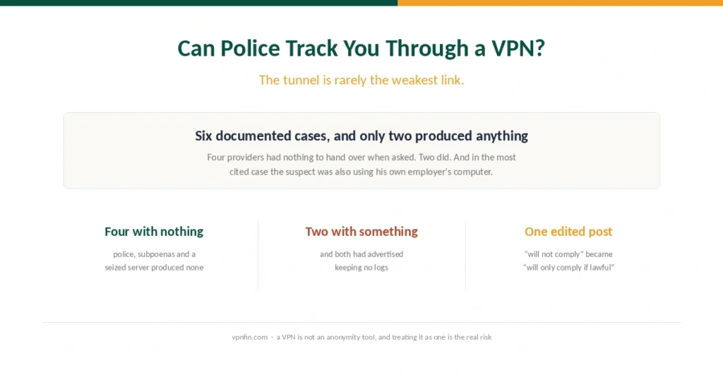 Cover asking whether police can track a VPN user, with the six documented cases summarised