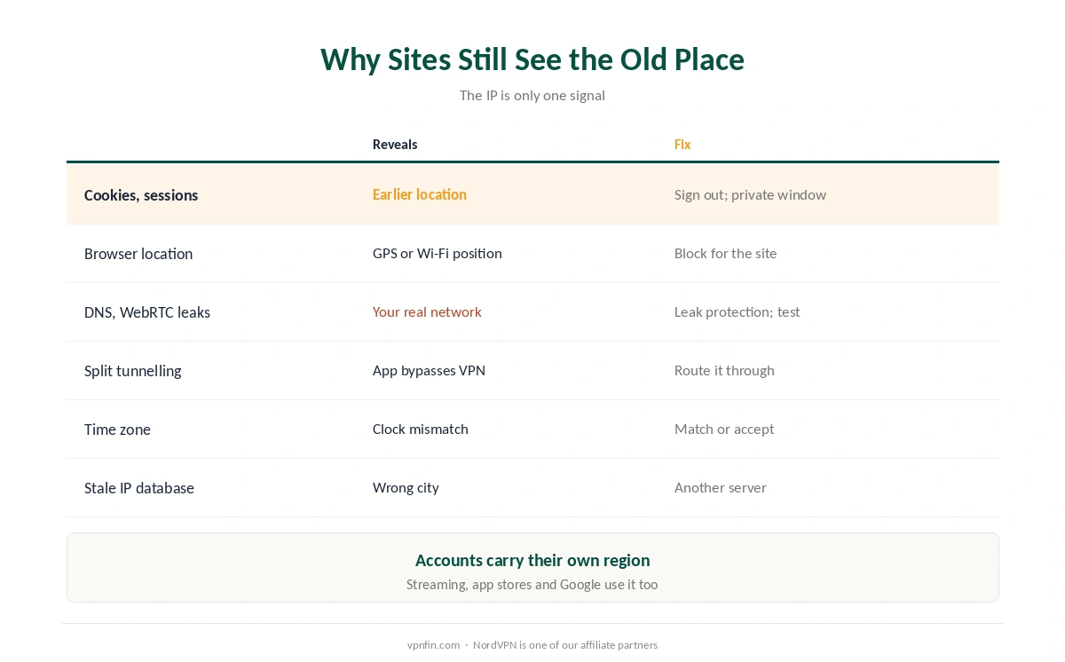 Why sites still see your old location after you change VPN location, and the fix for each signal