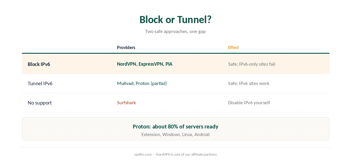 IPv6 leak: VPNs that block IPv6, VPNs that tunnel it, and those without support