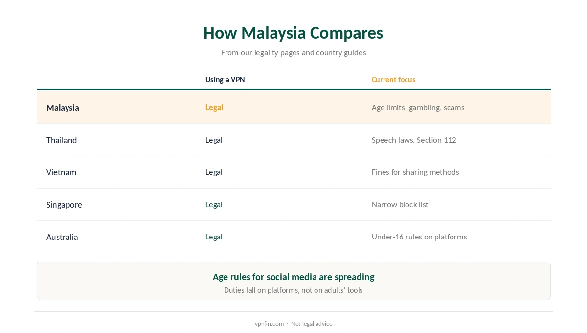 Is a VPN legal in Malaysia compared with Thailand, Vietnam, Singapore and Australia