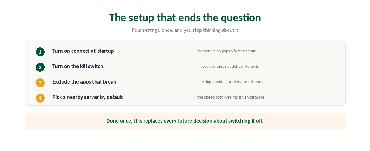 Four settings that make a continuously running VPN practical, configured once