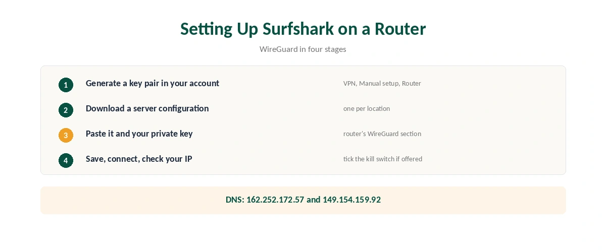 Surfshark on a router: six steps from generating a WireGuard key pair to checking your IP