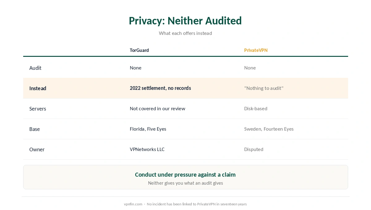TorGuard vs PrivateVPN on privacy: no audits, a 2022 settlement, a support answer, server type and jurisdiction