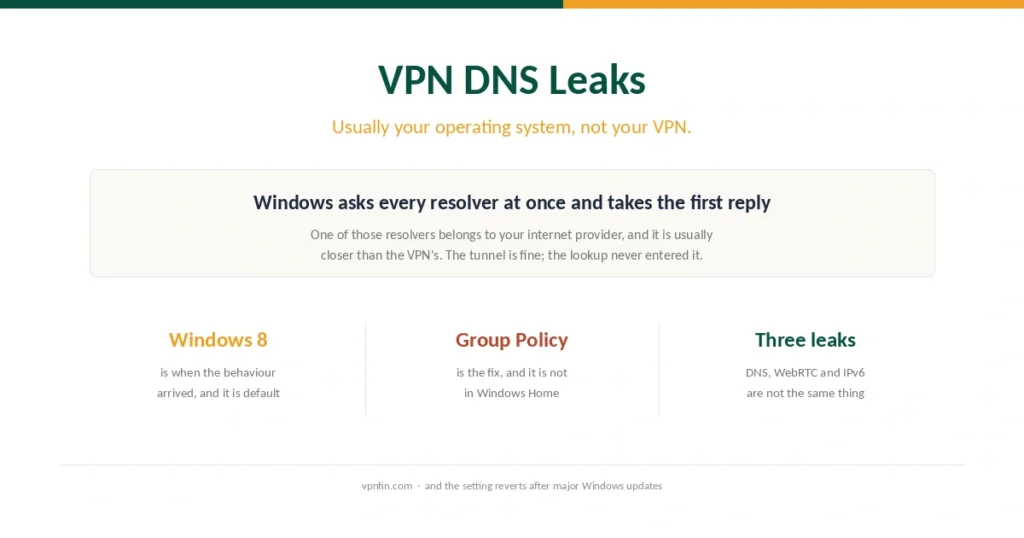 Cover for the DNS leak guide, showing that Windows queries every resolver at once and that the standard fix is missing from Windows Home