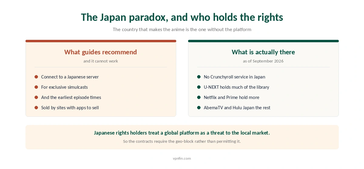 What guides recommend for Crunchyroll compared with which platforms actually hold Japanese anime rights