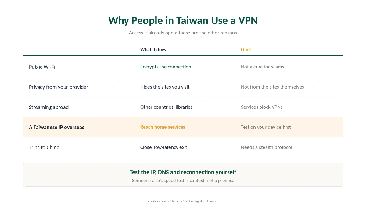 VPN for Taiwan: public Wi-Fi, privacy from your provider, streaming, a Taiwanese IP abroad, and trips to mainland China