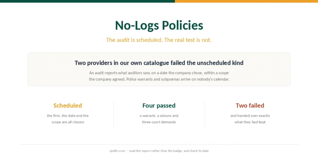 Cover for the no-logs guide, contrasting scheduled audits with the unscheduled tests four providers passed and two failed