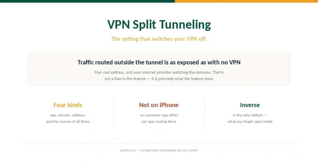 Cover for the split tunneling guide, showing the four modes, the absence of the feature on iPhone and why inverse mode is safer