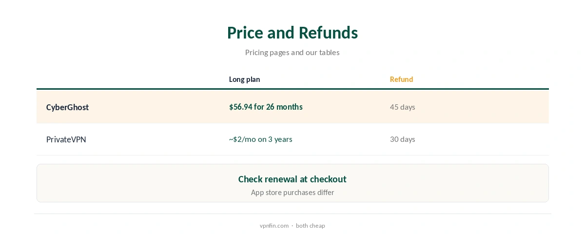 CyberGhost vs PrivateVPN: price and refunds compared