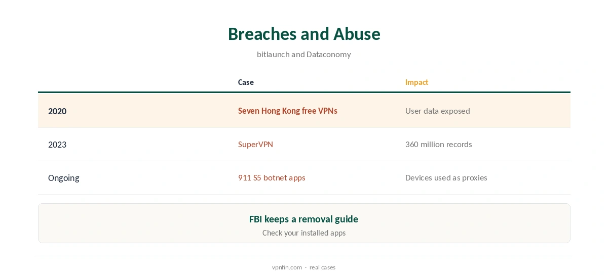 Free VPN risks: data breaches and abuse cases by year