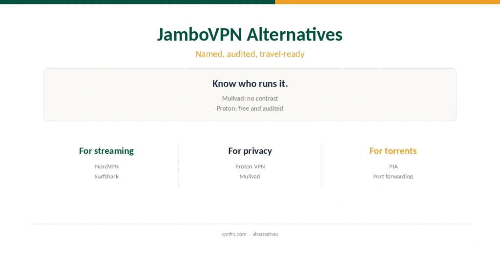 JamboVPN alternatives cover: travel-friendly audited VPNs compared with JamboVPN's day passes