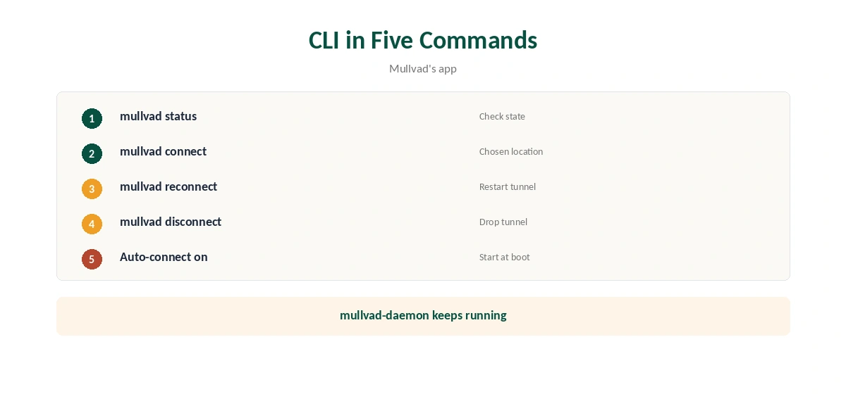 Mullvad Linux CLI in five commands, from status to auto-connect