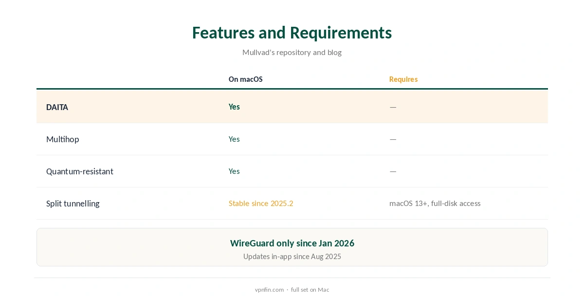 Mullvad Mac: features compared with their requirements