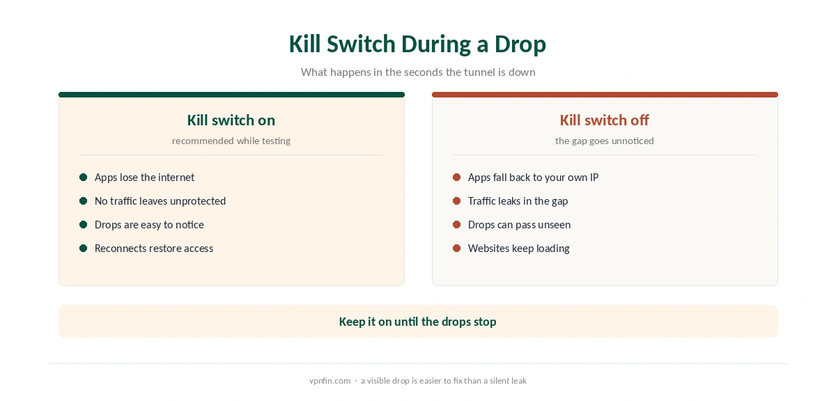 NordVPN kill switch on versus off when the connection drops