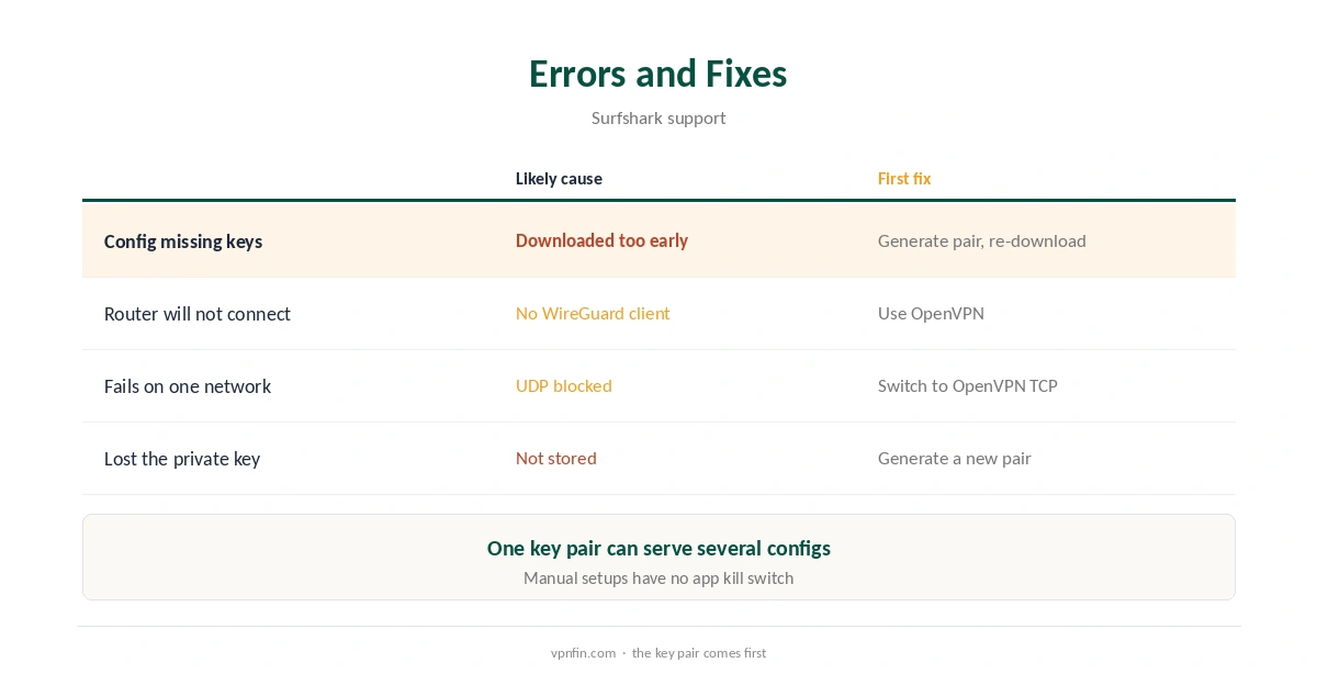 Surfshark WireGuard manual setup: the key pair catch and other errors