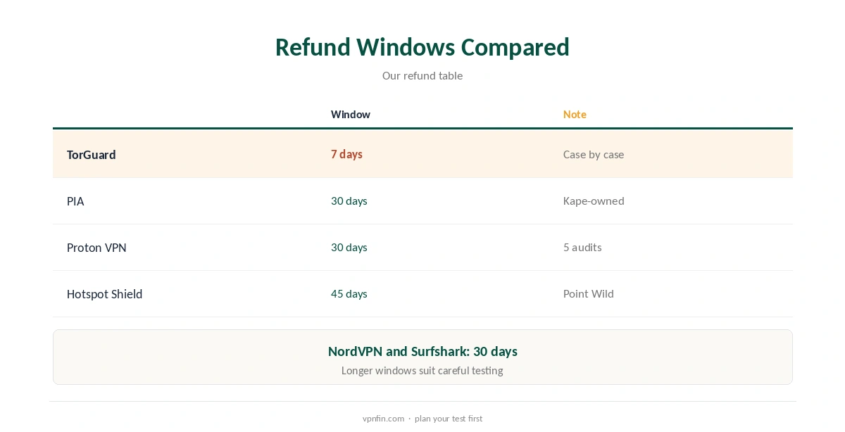 TorGuard refund window compared with rivals